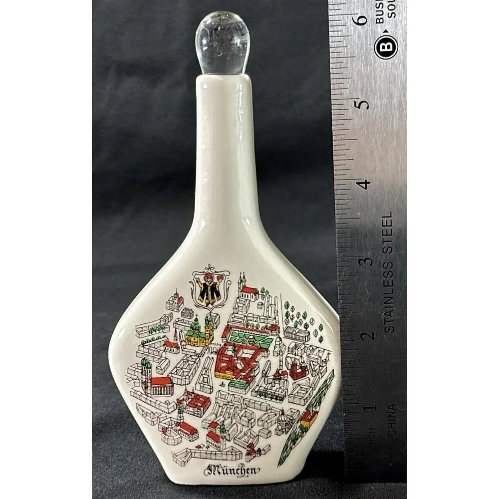 München Germany Ceramic Decanter Bottle with Map Design & Glass Stopper 6”